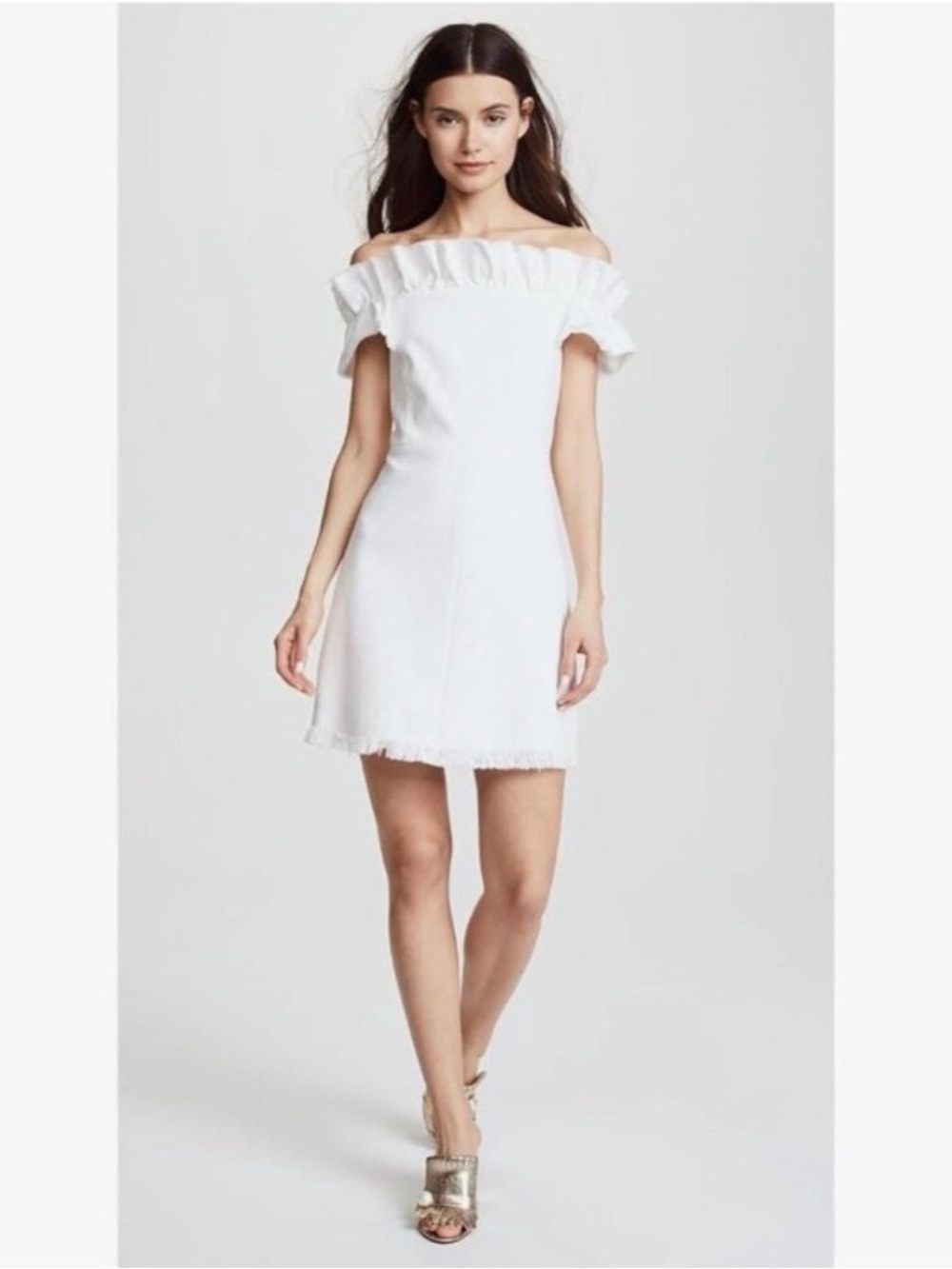 REBECCA TAYLOR | Off-Shoulder Ruffle Raw Hem White Dress | Size